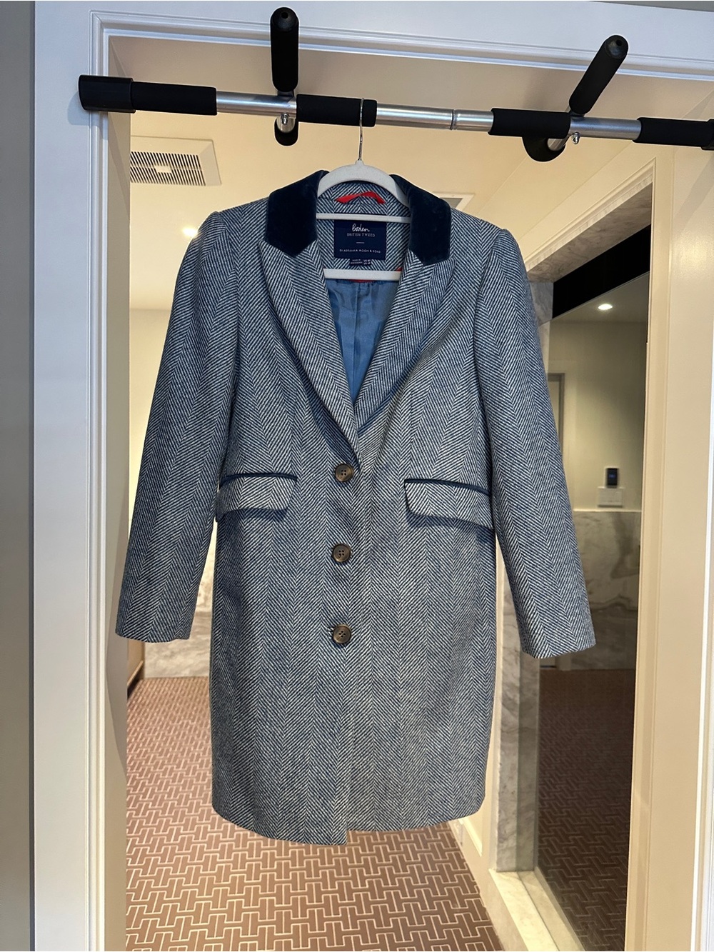 Boden Blue and White Herringbone Pea Coat with Navy Velvet Collar - Picture 4 of 5